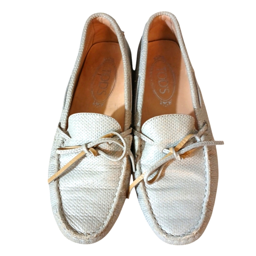 TOD'S Silver Glitter Loafers Driving Shoes Women's size 8 EU 38